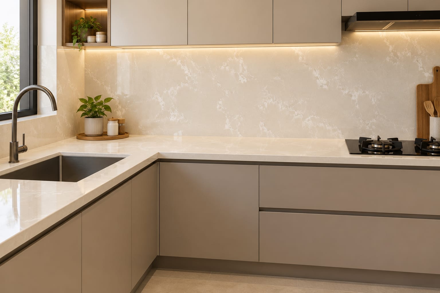 Aqua Cream quartz fitted as a kitchen countertop, Chennai Quartz Chennai