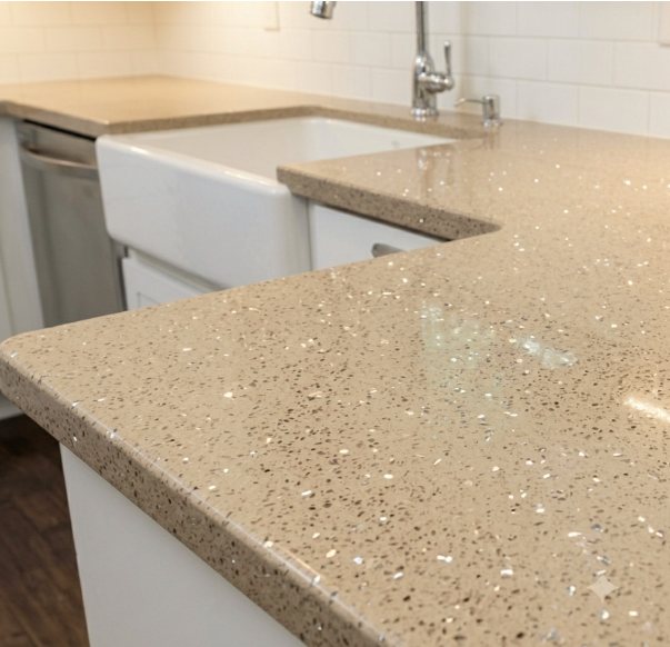 Beige Galaxy quartz fitted as a kitchen countertop, Chennai Quartz Chennai