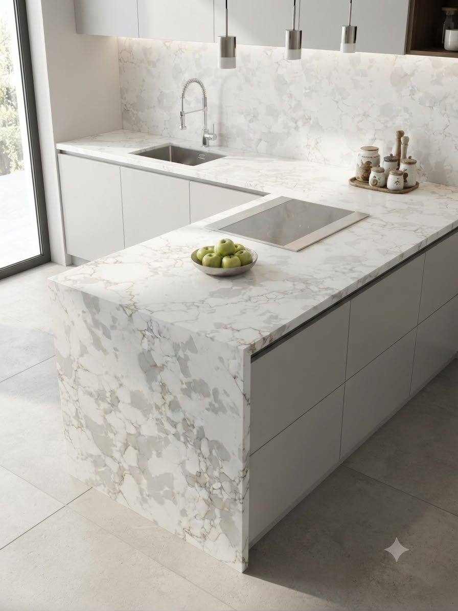 Calacatta Gio Brown quartz fitted as a kitchen countertop, Chennai Quartz Chennai