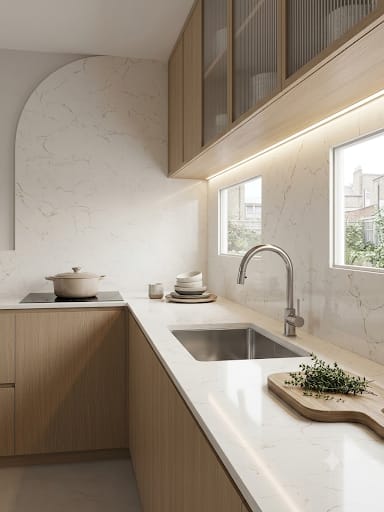 Cararra Gold quartz fitted as a kitchen countertop, Chennai Quartz Chennai