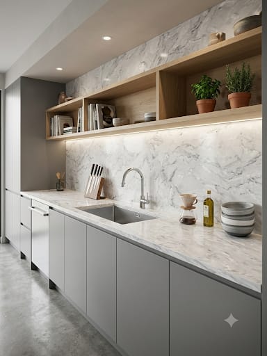 CL Brahma quartz fitted as a kitchen countertop, Chennai Quartz Chennai