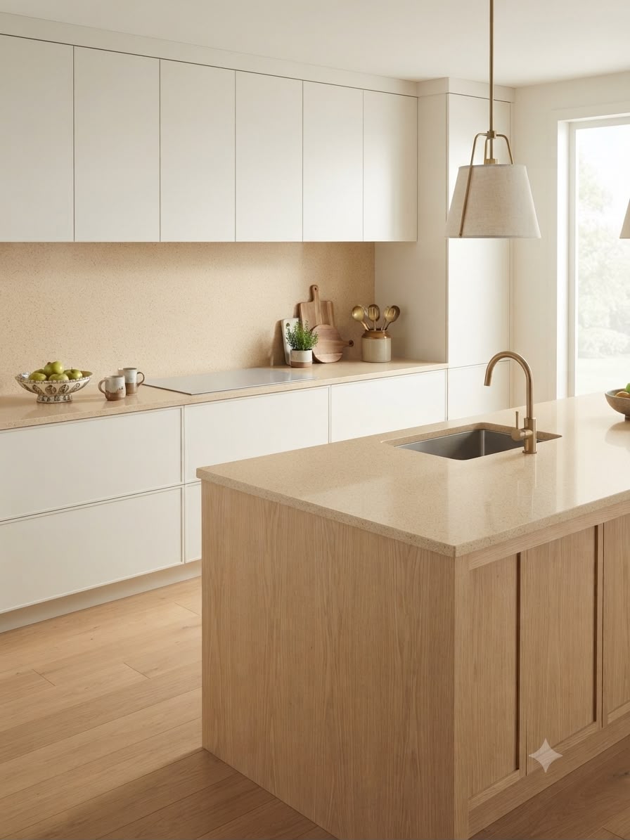 Cream Ice quartz fitted as a kitchen countertop, Chennai Quartz Chennai