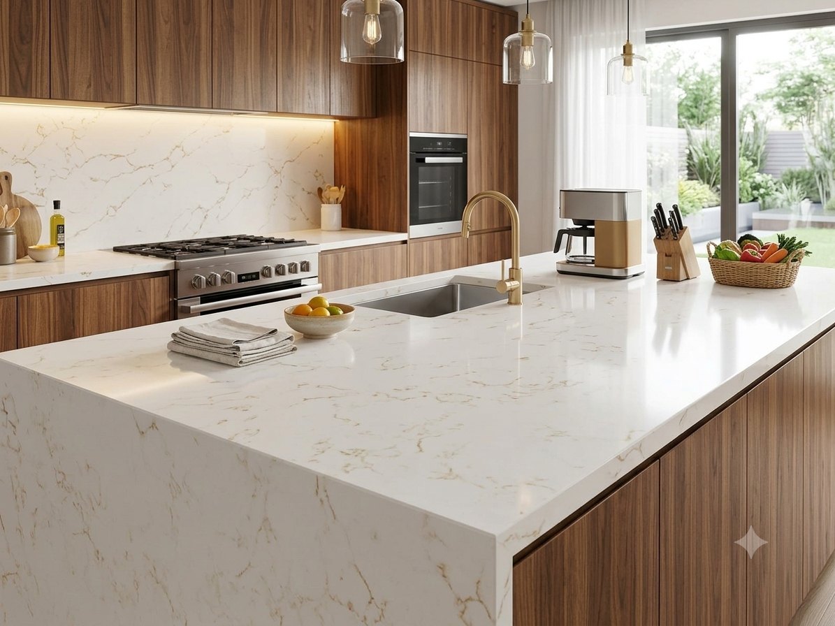 Ice Gold quartz fitted as a kitchen countertop, Chennai Quartz Chennai
