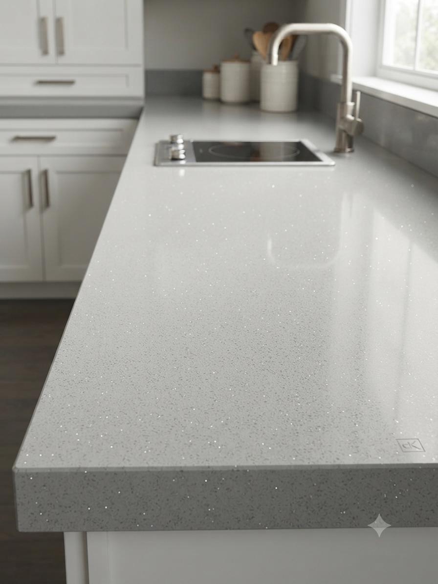 Light Gray Galaxy quartz fitted as a kitchen countertop, Chennai Quartz Chennai