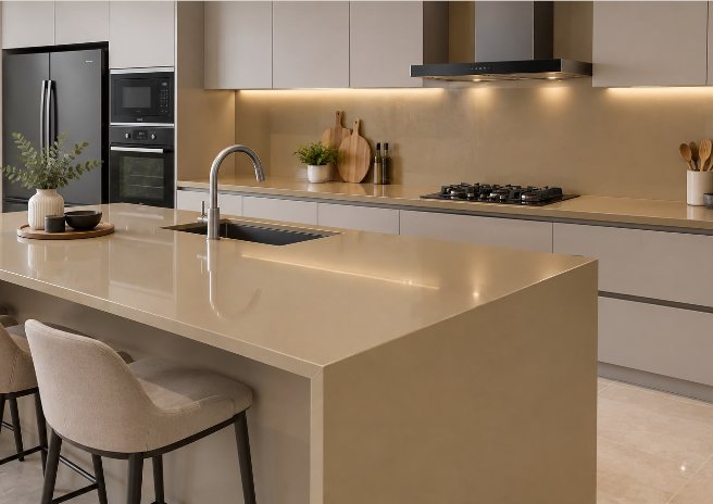 Manhattan Cream quartz fitted as a kitchen countertop, Chennai Quartz Chennai