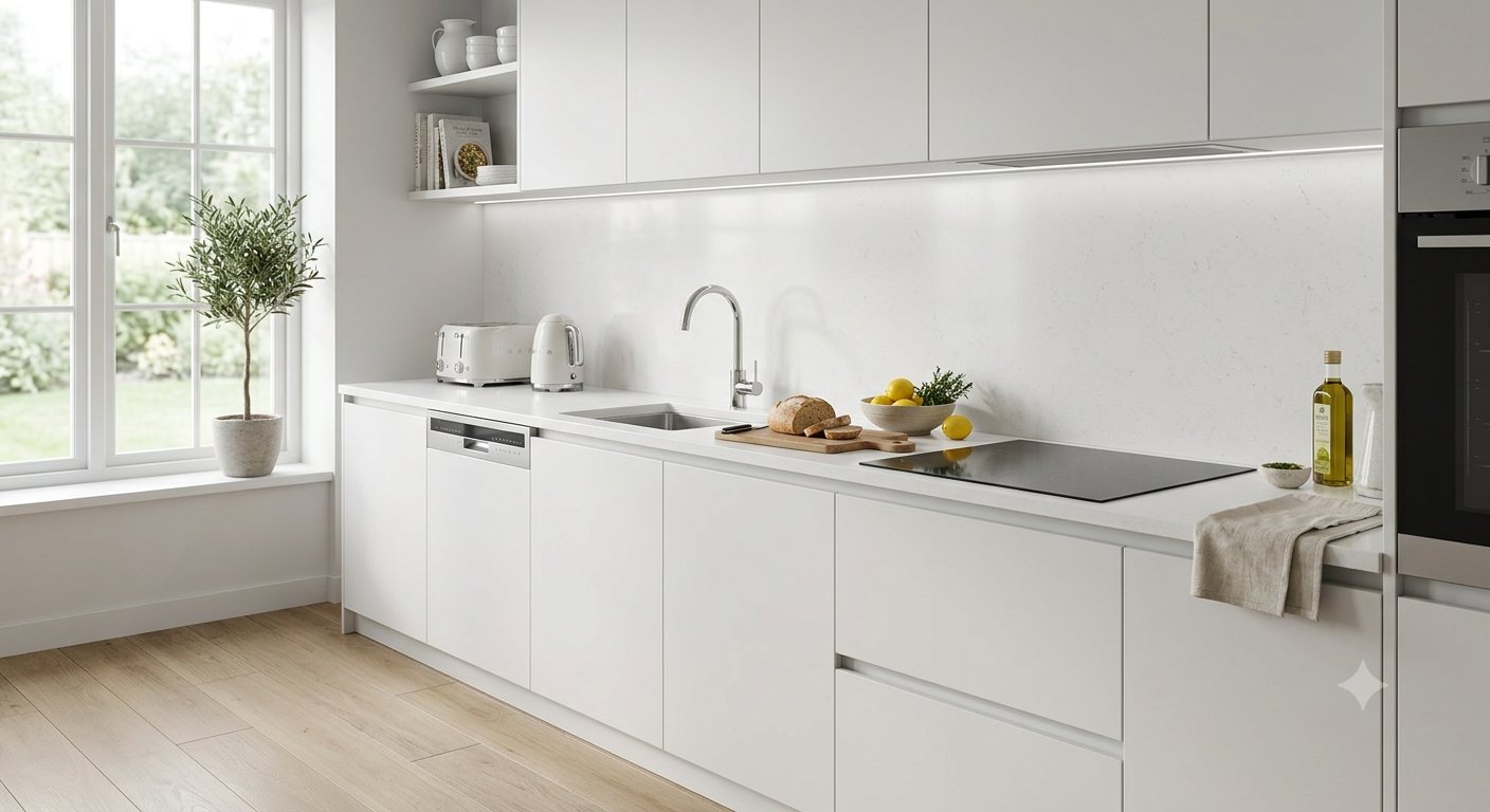 Pure White quartz fitted as a kitchen countertop, Chennai Quartz Chennai