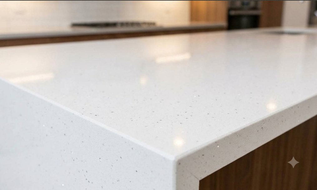 Snow Glitter quartz fitted as a kitchen countertop, Chennai Quartz Chennai