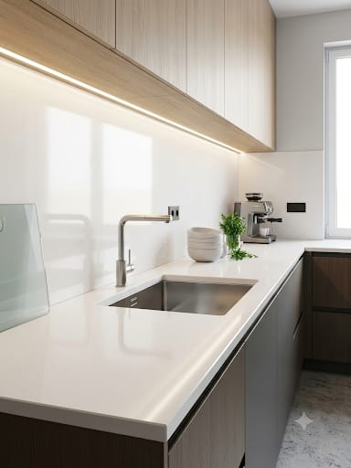 Super White quartz fitted as a kitchen countertop, Chennai Quartz Chennai