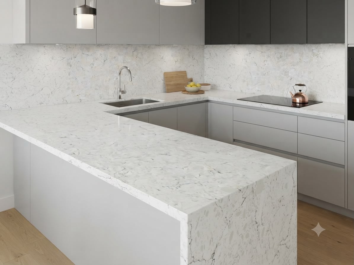 Vintage Mist quartz fitted as a kitchen countertop, Chennai Quartz Chennai