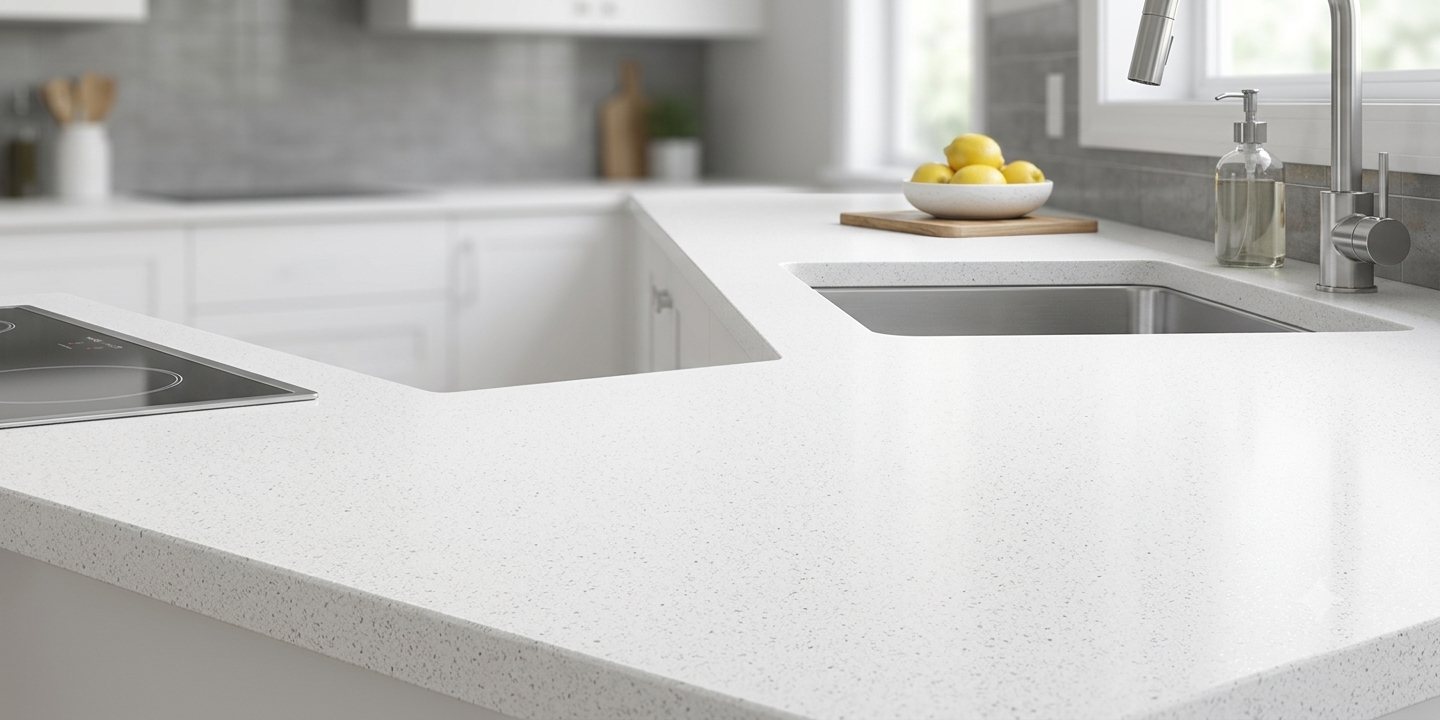 Wooven Wool quartz fitted as a kitchen countertop, Chennai Quartz Chennai