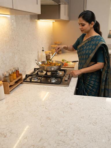 Mystic Gold installed kitchen countertop, Mayur Marbles Chennai